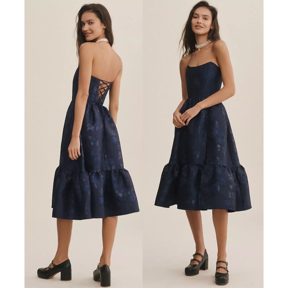 V. Chapman Virginia Tiered Strapless‎ Corset Midi Dress Blue size 14 New